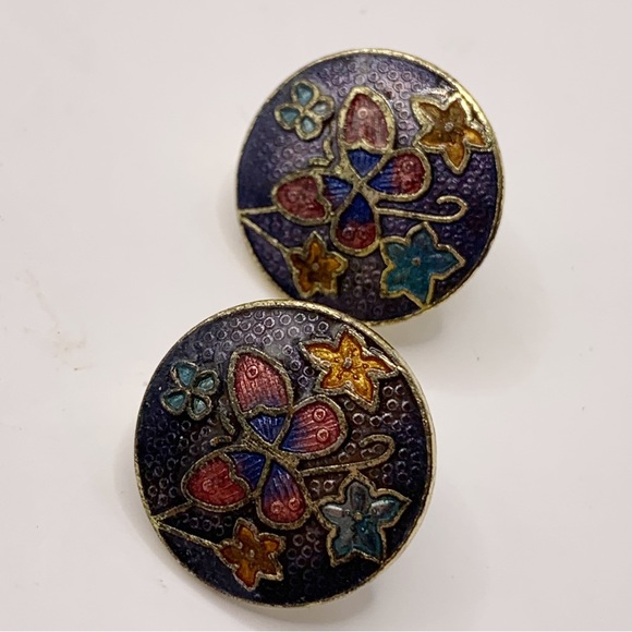 Vintage champleve enamel butterfly clip on earrings - Picture 4 of 9